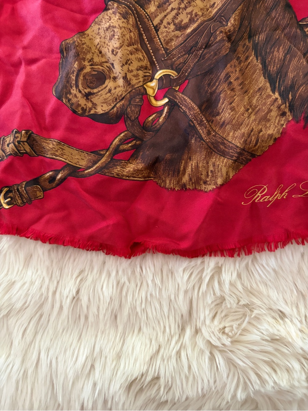 Equestrian Print Red Silk Scarf by Ralph Lauren Vintage ascot - Picture 6 of 14